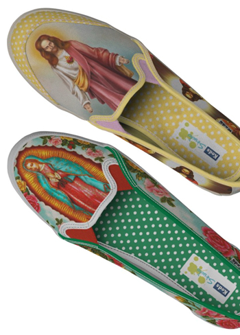 picture showing two of the sacred shoes, each with a trad image of jesus and mary on the toe area