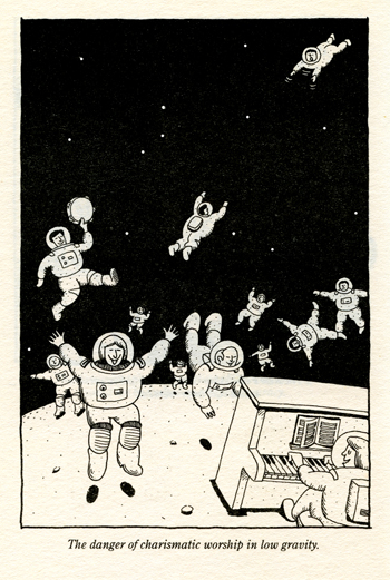 Cartoon showing the dangers of charismatic worship in low gravity